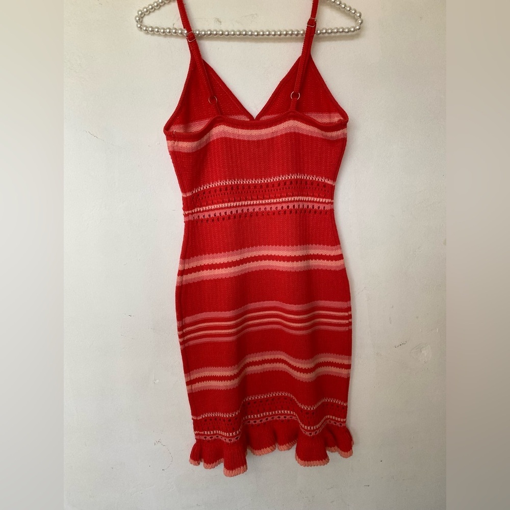Red and White Bodycon  knit Mini Dress with Spaghetti Straps summer vacation - Picture 4 of 8